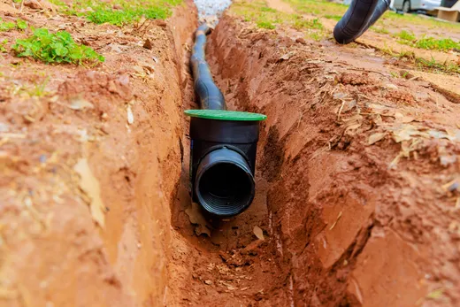 Drain outlet fitting installed in a trench